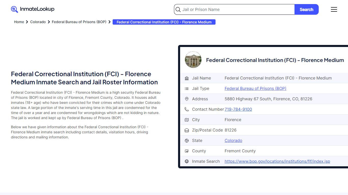 Federal Correctional Institution (FCI) - Florence Medium Inmate Search ...