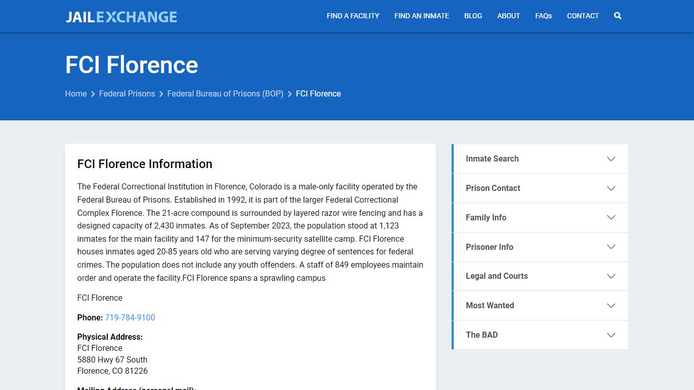 Federal Inmate Search - FCI Florence - Jail Exchange